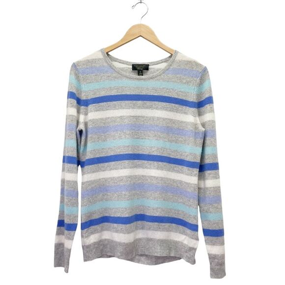 NWT Charter Club 100% Cashmere Sweater Blue & Gray Striped Pullover Size Medium - Picture 3 of 15